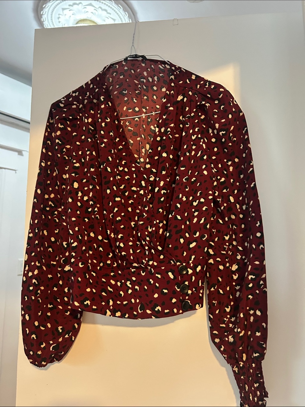 SHEIN Burgundy Leopard Wrap Blouse